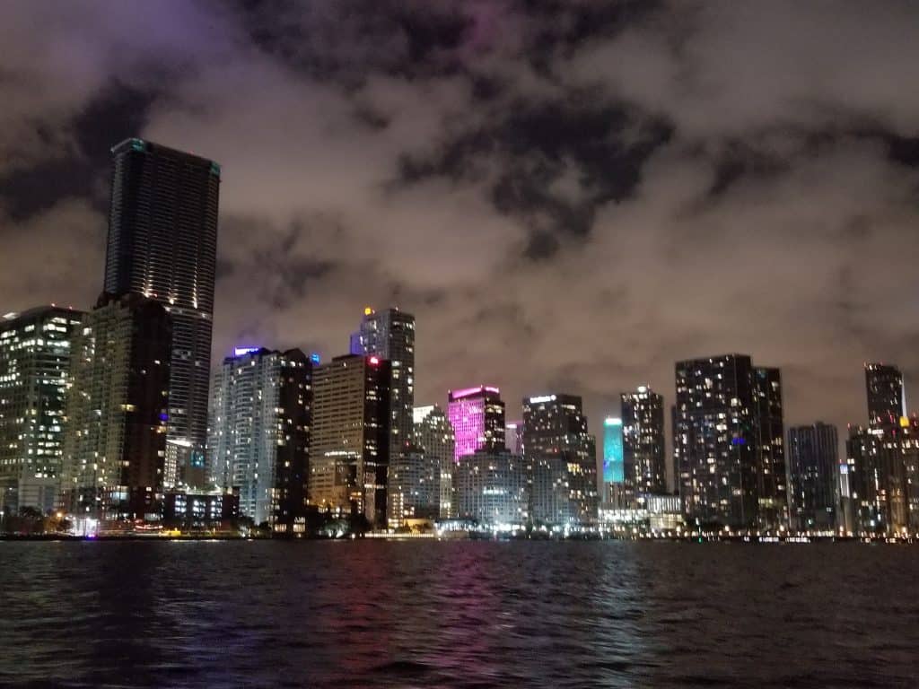 Miami skyline at night from the water