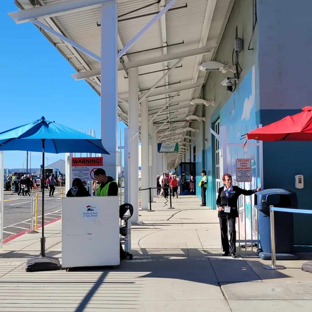 Cruise crew outside of the terminal building