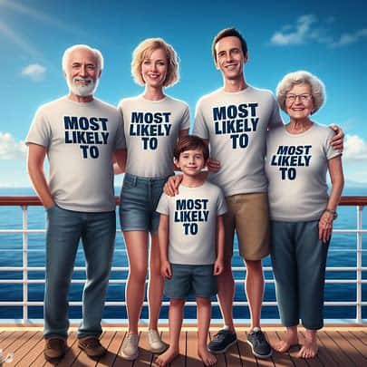 5 people standing on deck wearing tshirts that say "Most likely to"