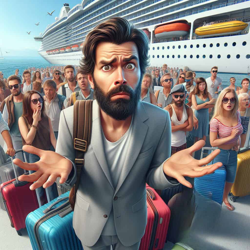 Confused man with luggage on a cruise pier