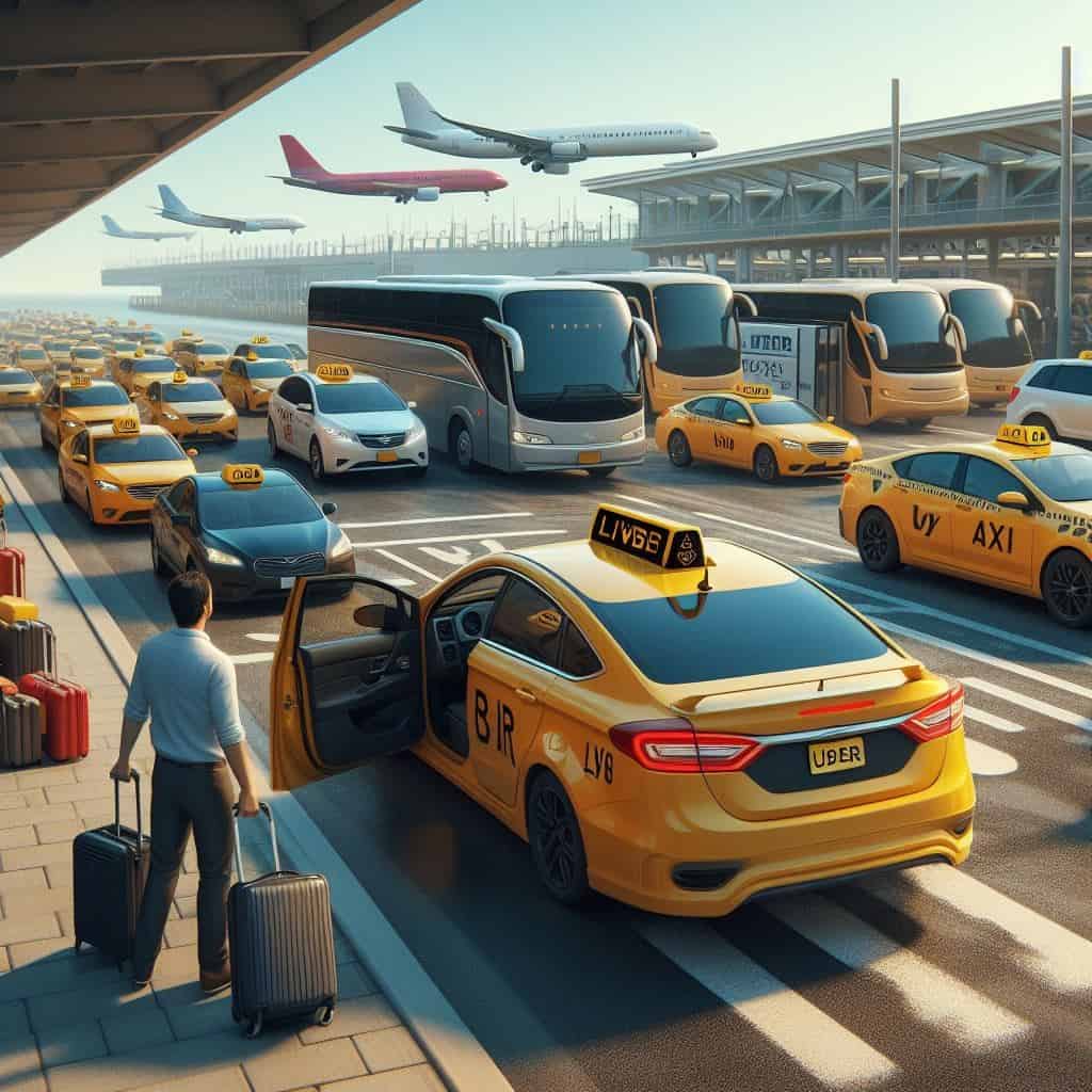 Man getting into a taxi cab with planes in the background