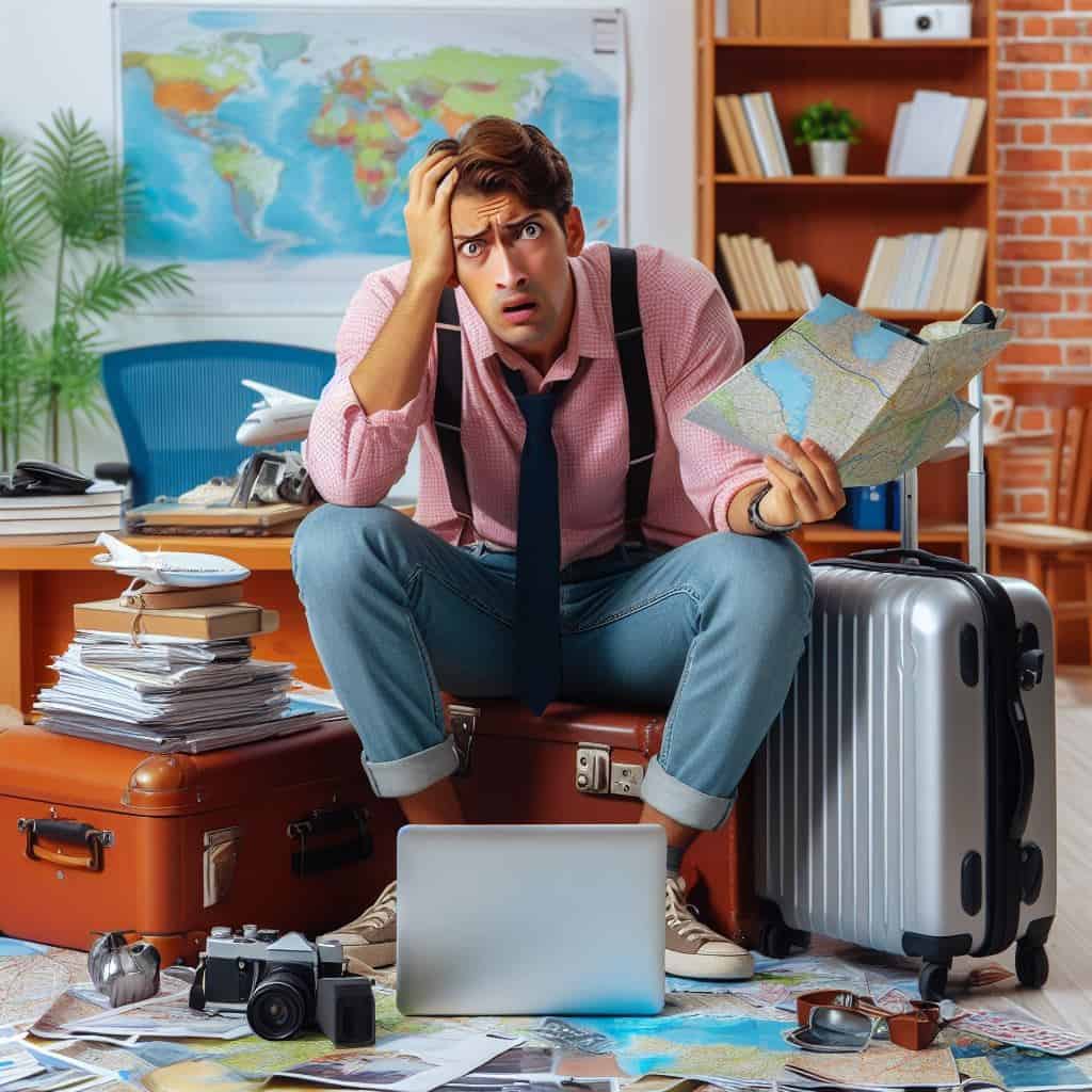 Confused man with a suitcase and papers around him