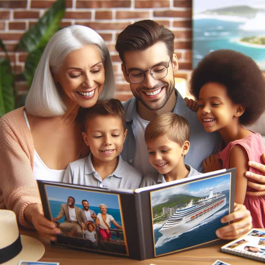 Family looking at a cruise photo album