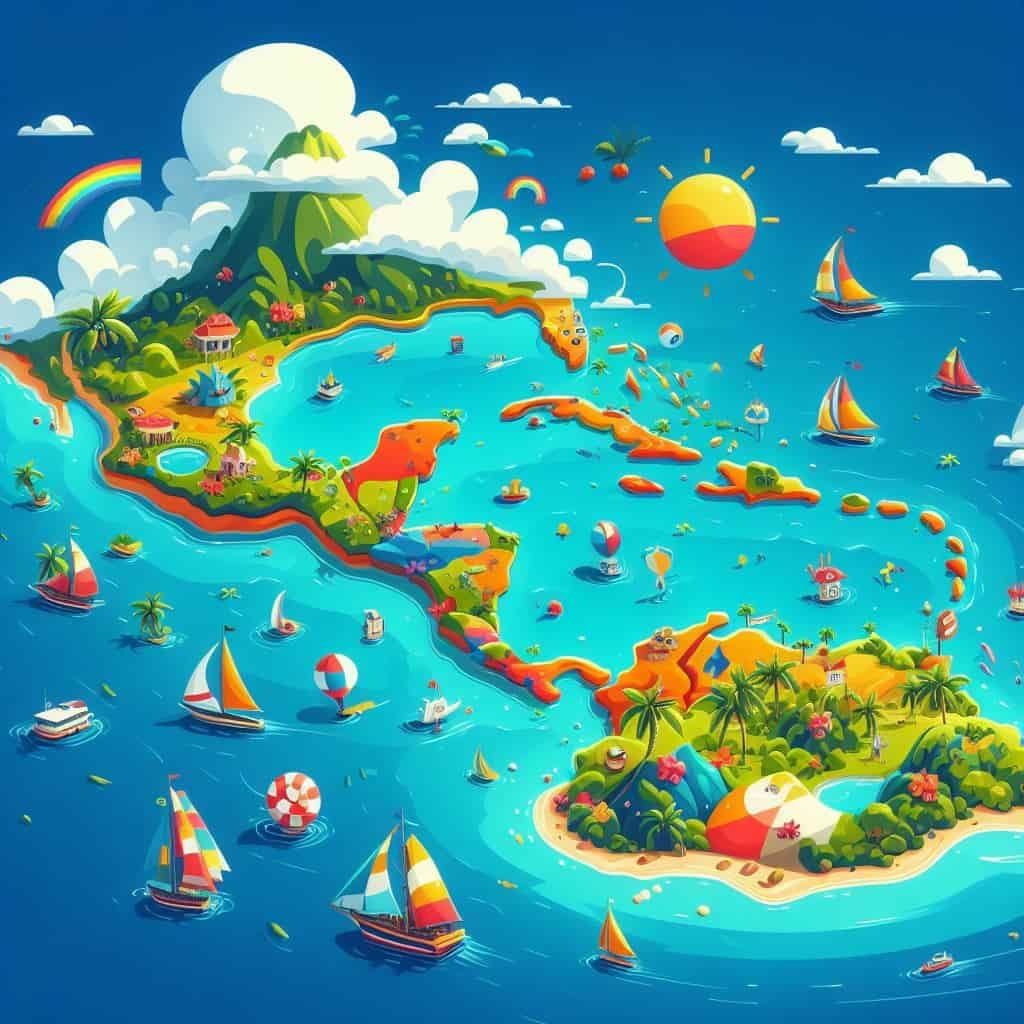 Cartoon style map of Caribbean Islands