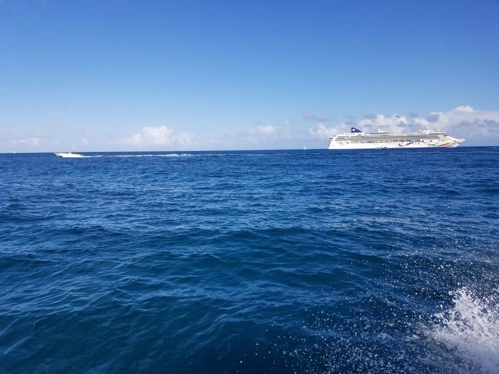 Ocean water with a cruise ship in the distance