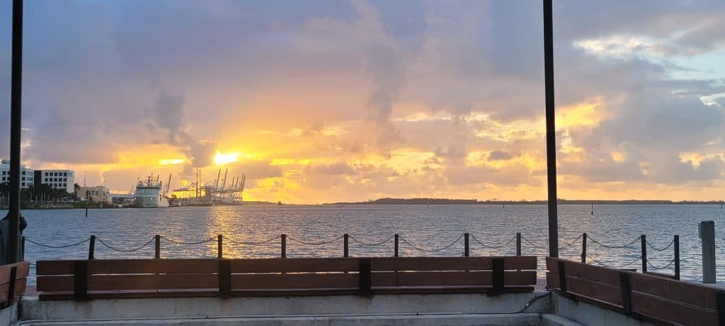 Sunrise with ships in the harbor