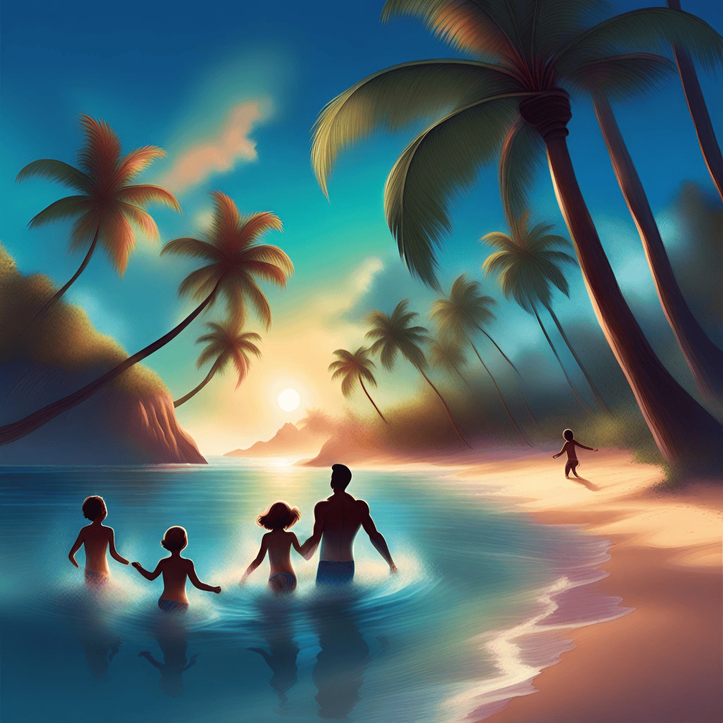 Ai cartoon family at the beach at sunset