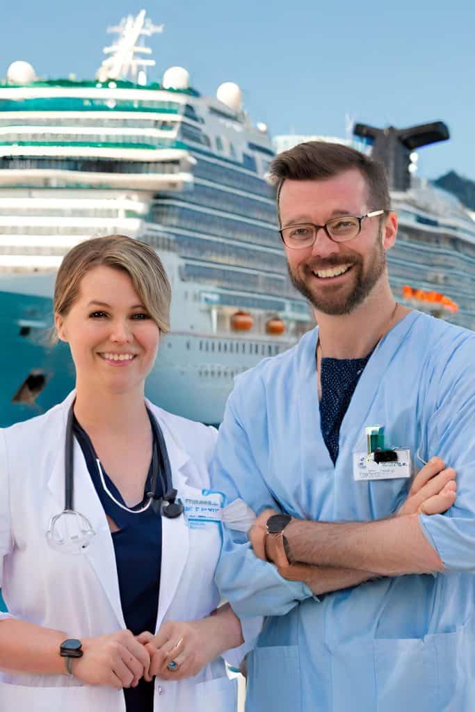 Medical man and woman with a cruise ship in the background