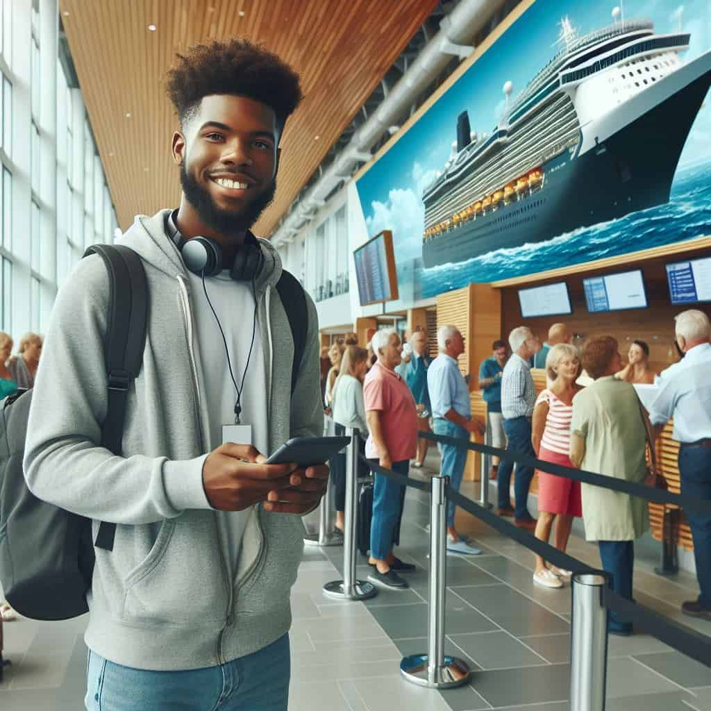 Man happy to board the cruise ship