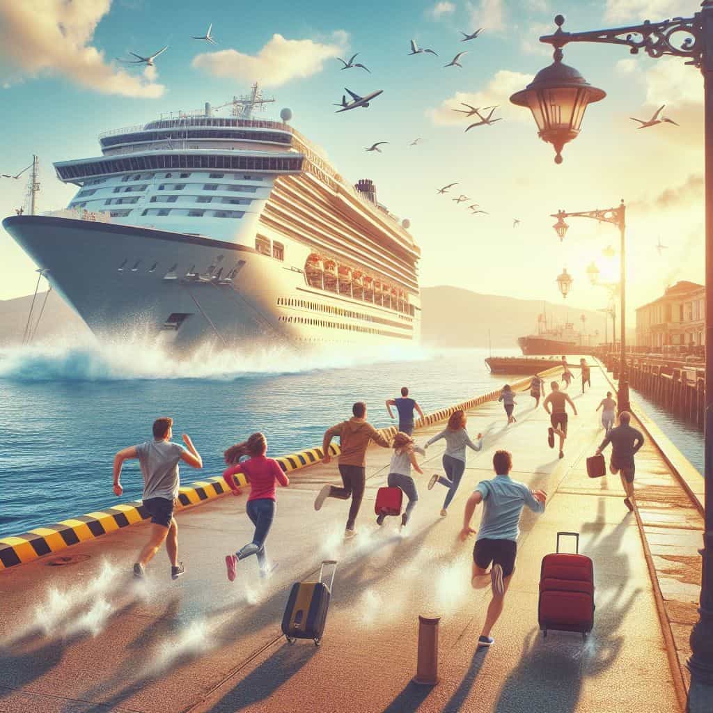 people running to catch a cruise ship