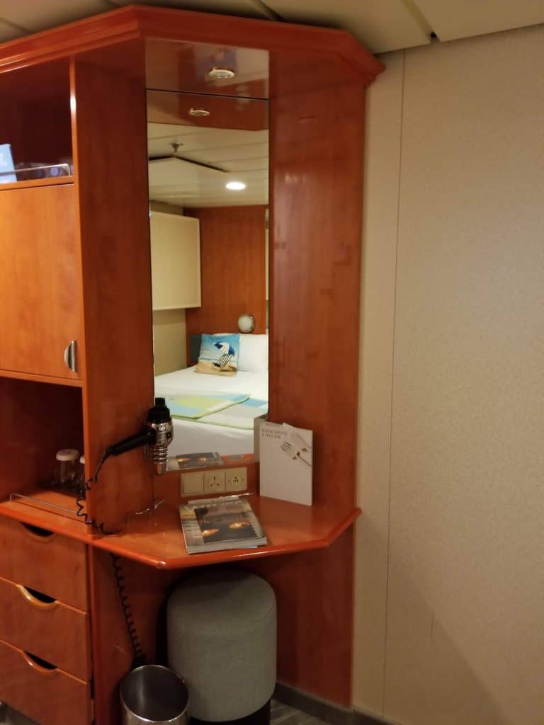 Vanity and hair dryer in a cruise ship stateroom