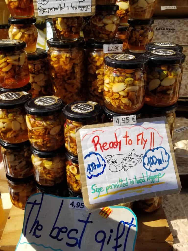 Jars of nuts at a vendor stand in Barcelona