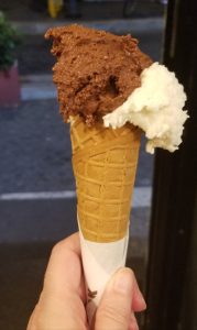 Chocolate and coconut gelato cone