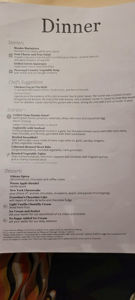 Dinner menu from MSC Seascape main dining room