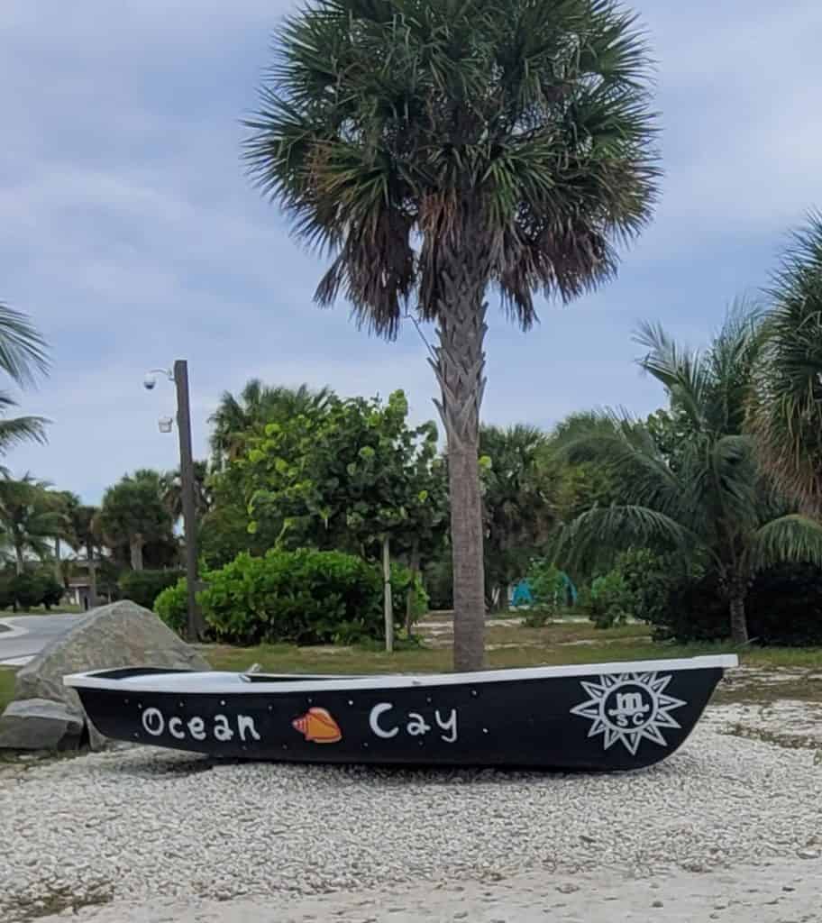 small boat that has Ocean Cay written on it