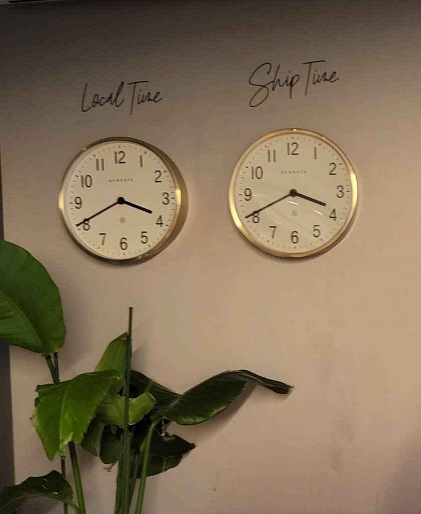 2 clocks, 1 with local time and 1 with ship's time