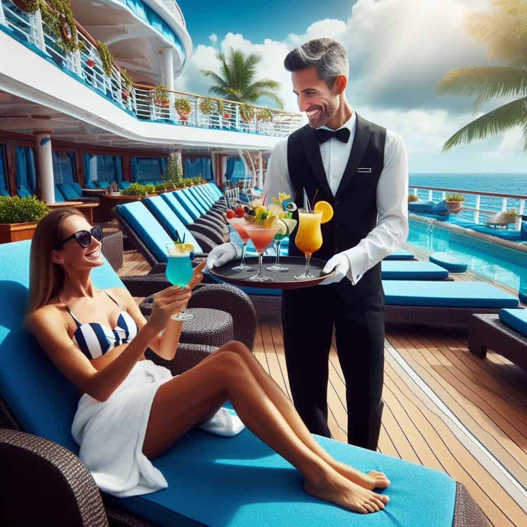 AI Image of a butler serving drinks to a woman in a lounge chair on a cruise ship