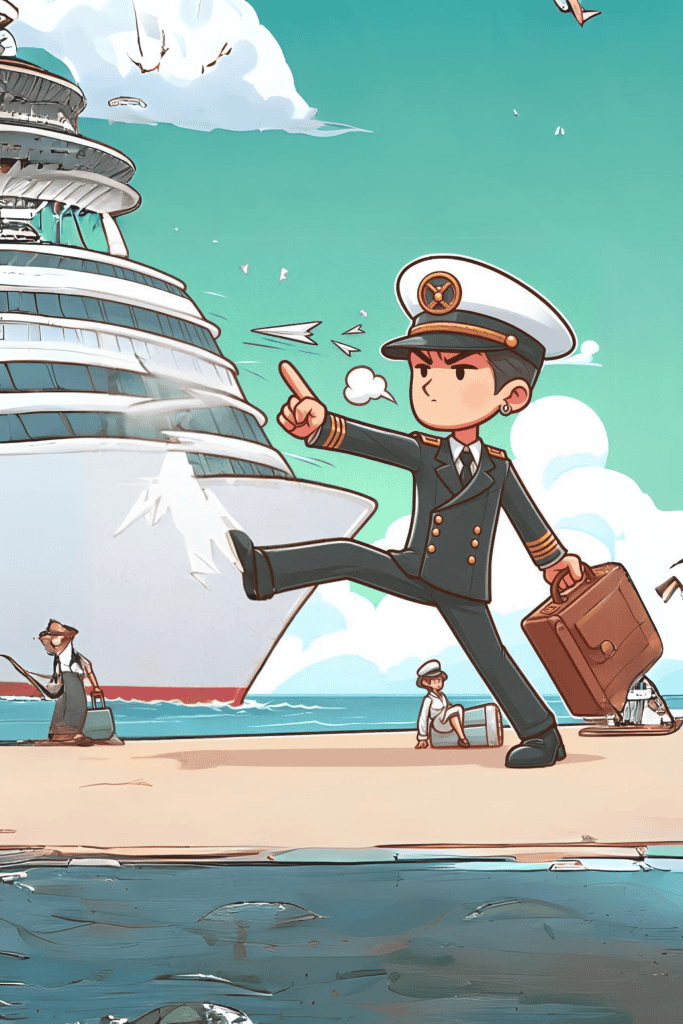 Cartoon of angry captain with a cruise ship in the background