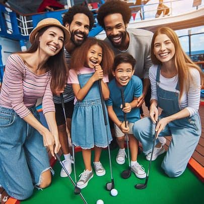 Family playing mini golf on a cruise ship