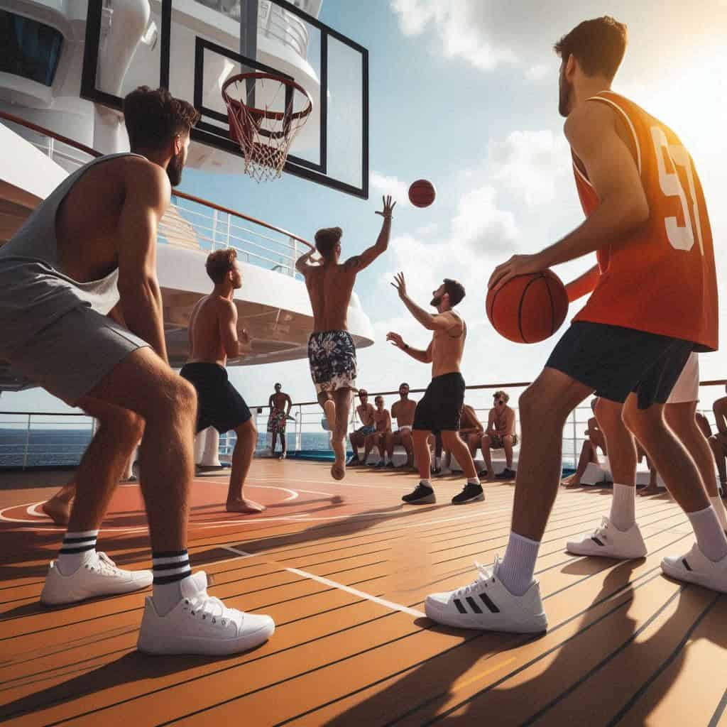 ai people playing basketball game on a cruise ship