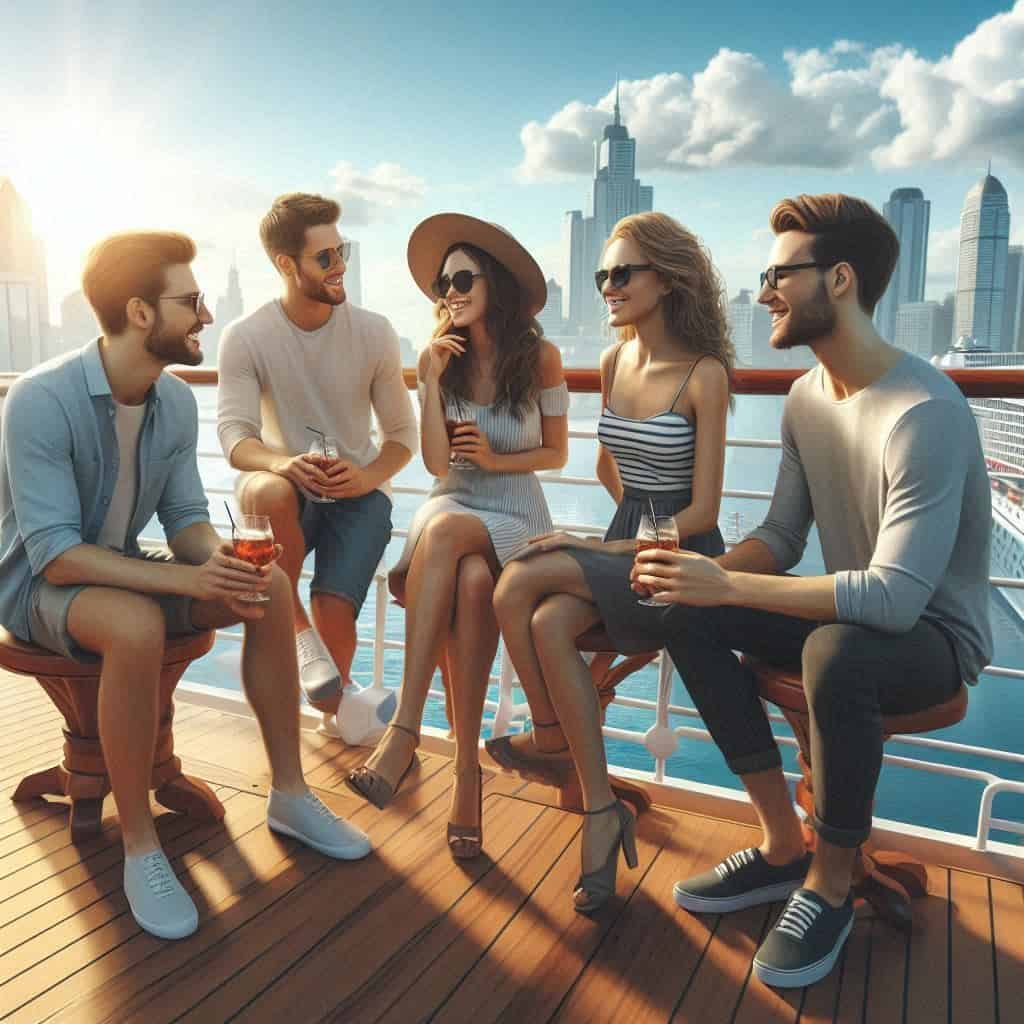 AI Group of friends starting a conversation on a cruise ship