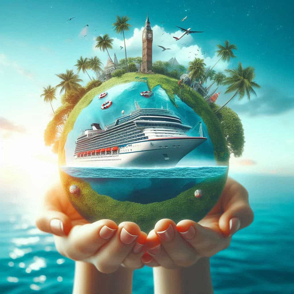 AI hands holding the earth with a cruise ship in it