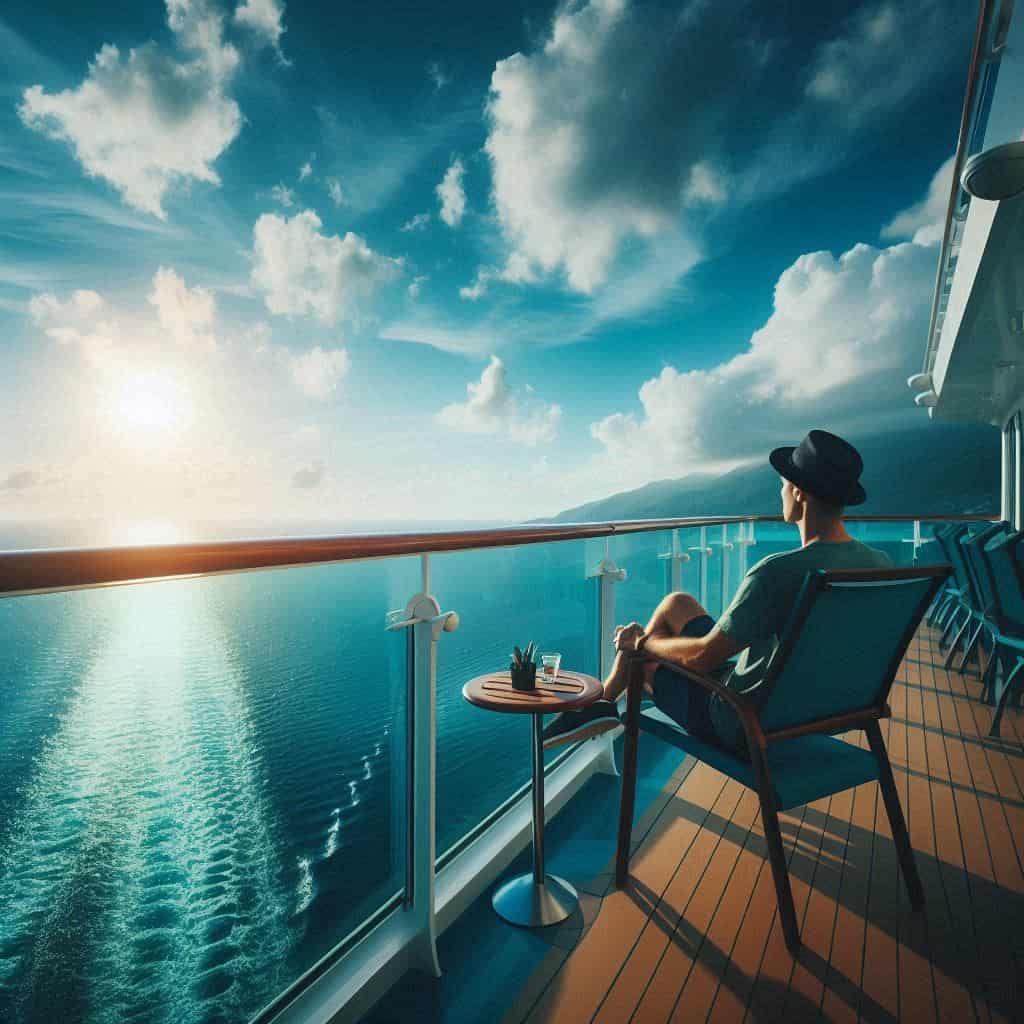 AI generated image of a man sitting on a cruise ship balcony looking at the view