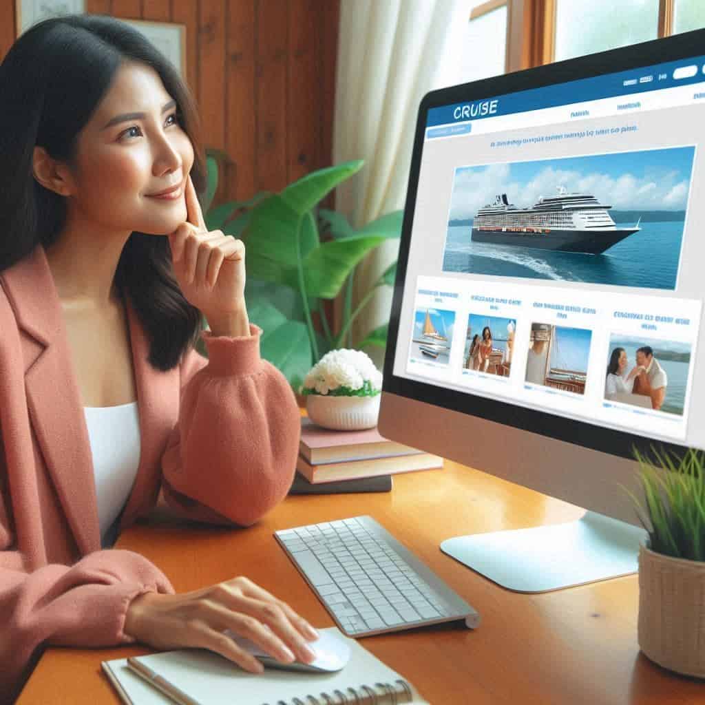 AI generated image of a woman shopping for a cruise thinking about who is cruising with her