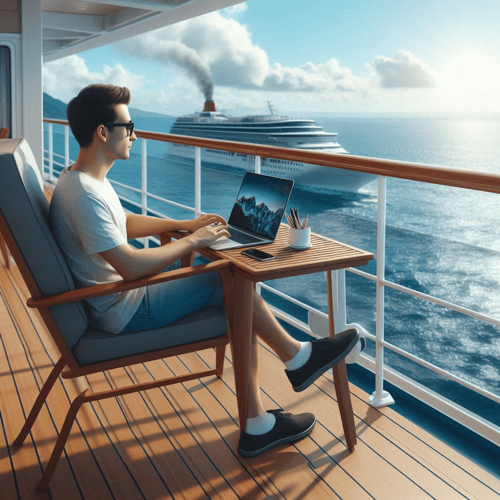 AI image of a man working remotely on a computer on a cruise ship balcony