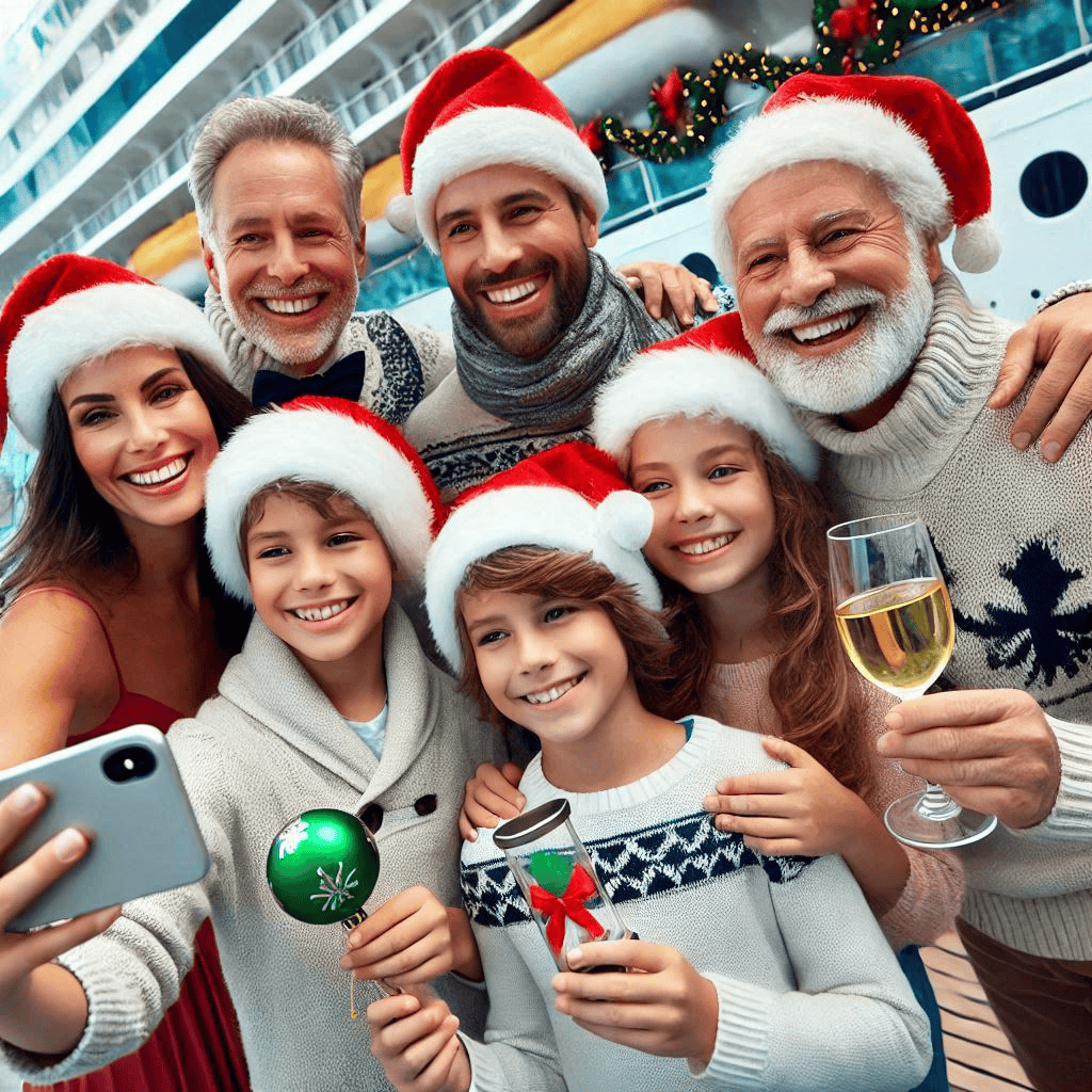 AI image of a multigenerational family wearing santa hats with a cruise ship in the background