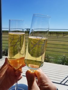 two glasses of champagne with a vineyard in the background