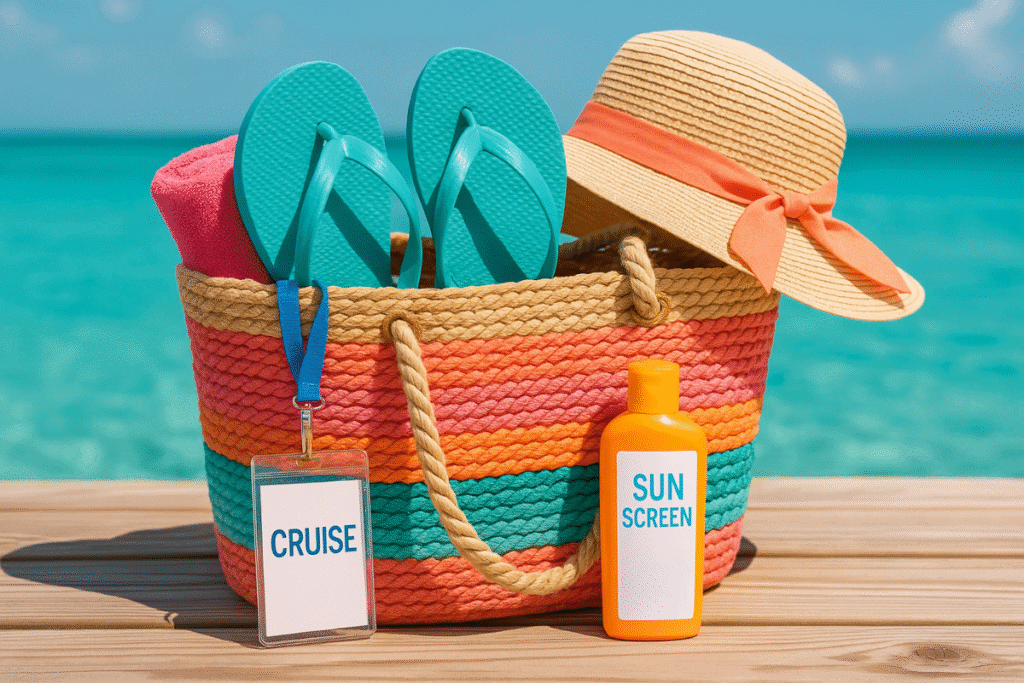 colorful beach bag flip flops, hat and sunscreen