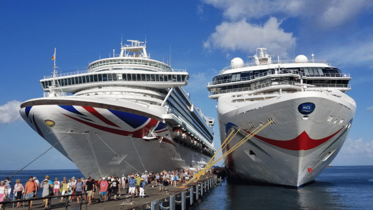 2 cruise ships side by side at a pier