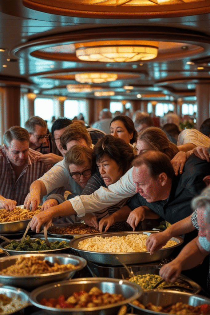 Dramatic and funny people reaching over each other at a buffet on a cruise ship