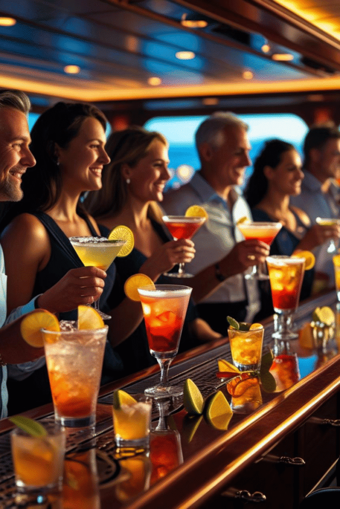 People at a bar holding drinks and lots of drinks and shots lined up on the bar