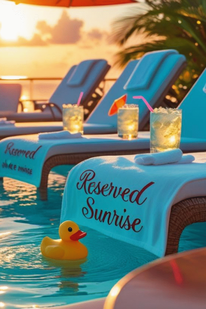pool chair saying reserved and a rubber ducky