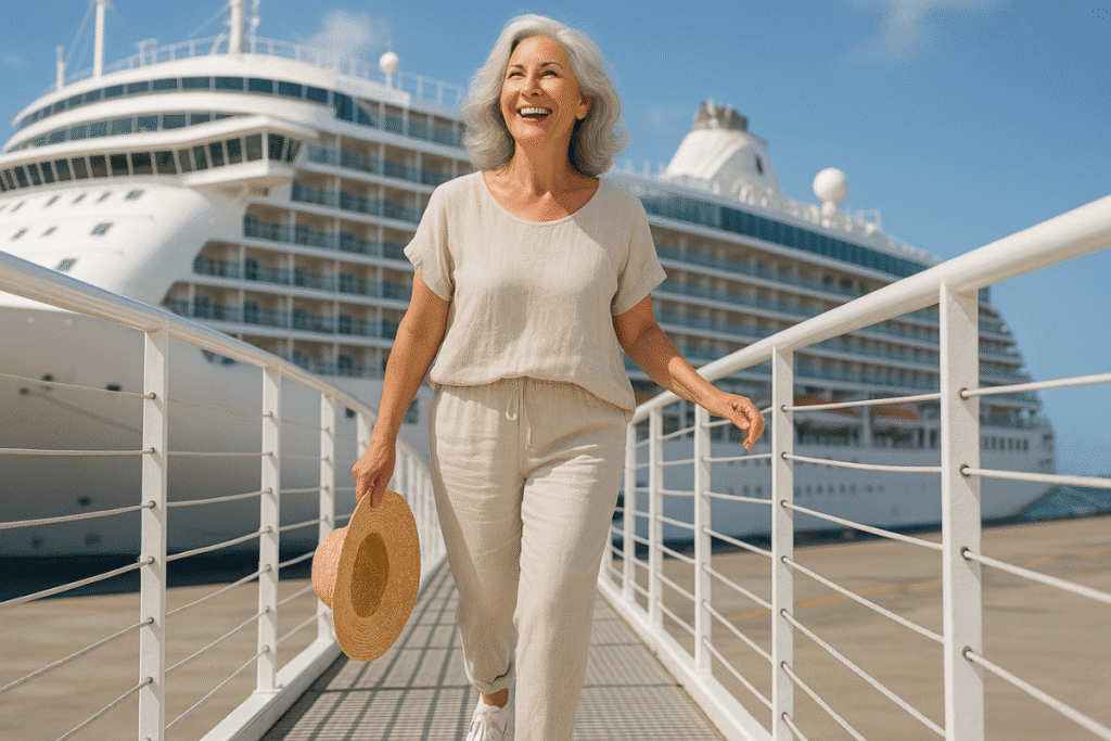 Happy Older Woman walking down a cruise ship gangway