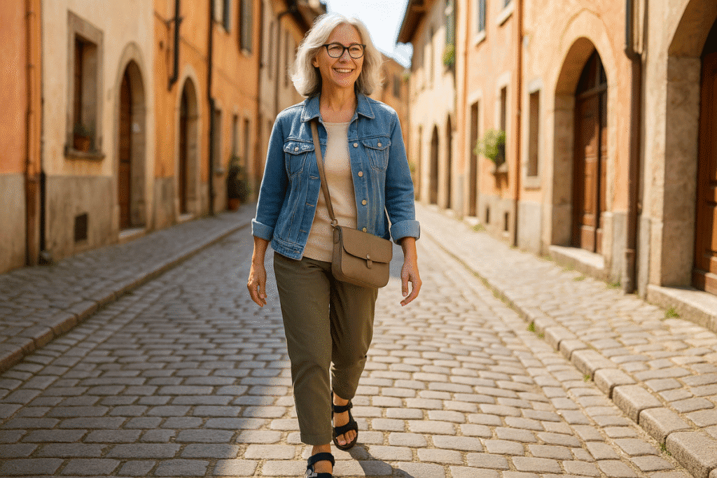 Older Woman walking on a cobblestone street in Europe