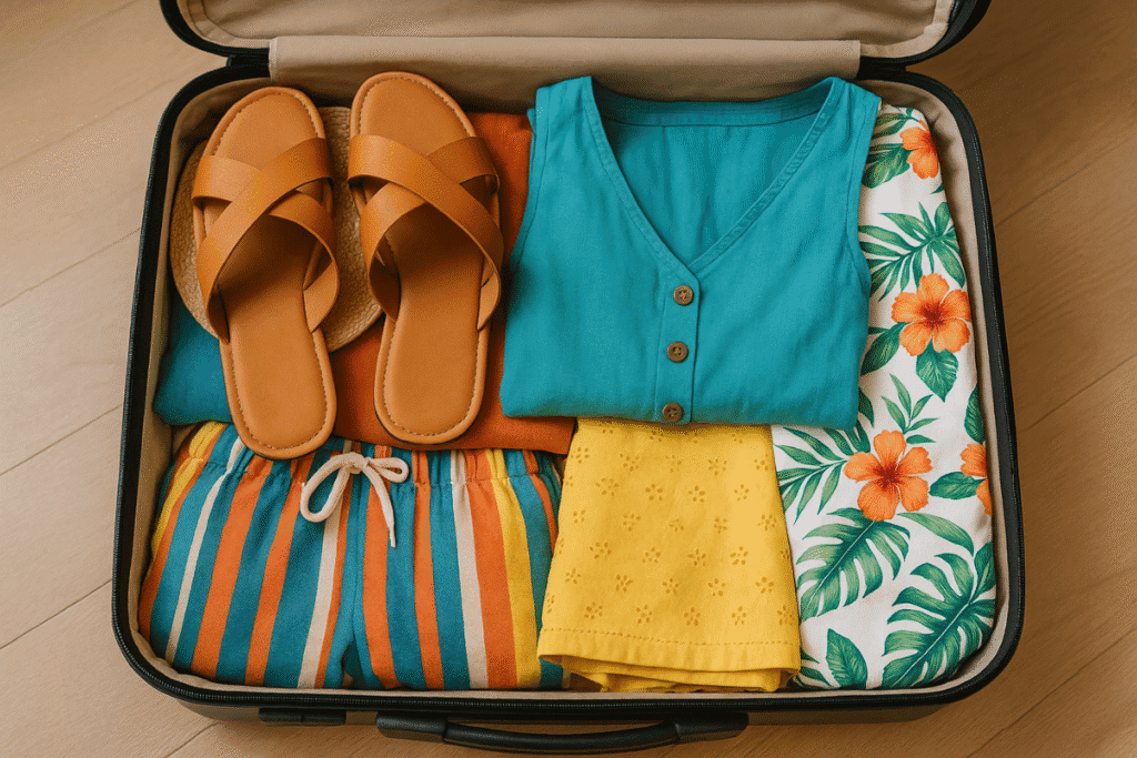 Suitcase with tropical clothes and travel sandals 