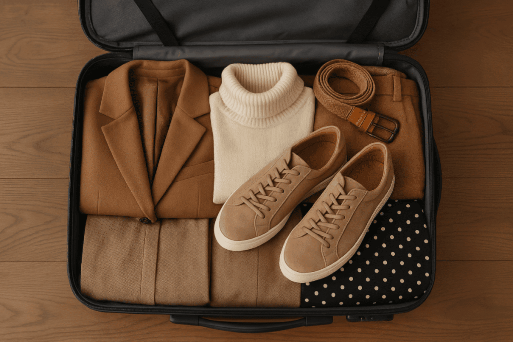 Suitcase with winter clothes and walking shoes on top