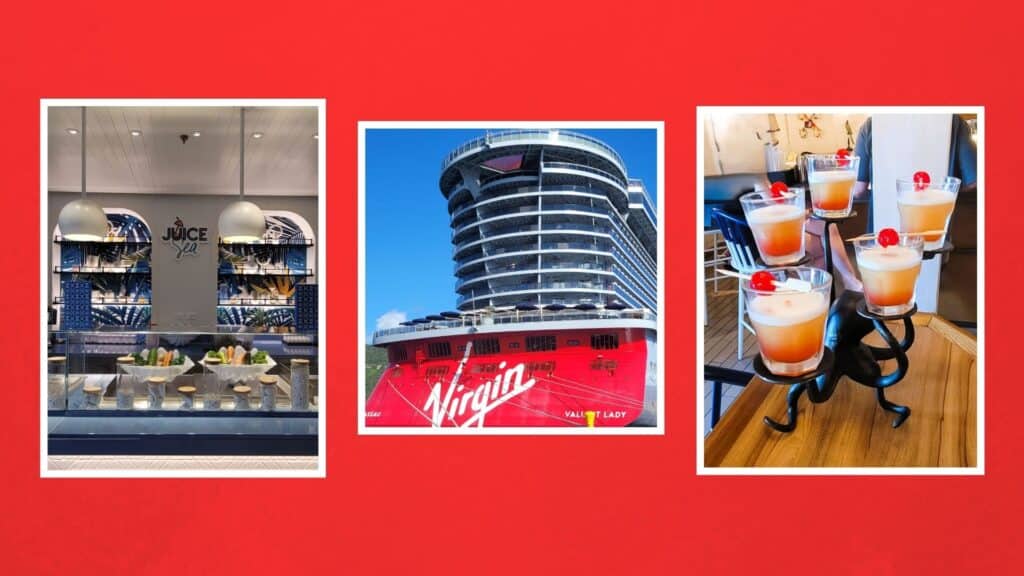 Juice Sea Juice Bar, Virgin Voyages Ship, and Shoctopus Drink Tower