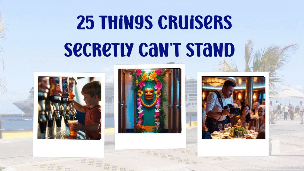 Things that cruisers can't stand 3 photo collage of door decoration, soda spilling and pushy photographer