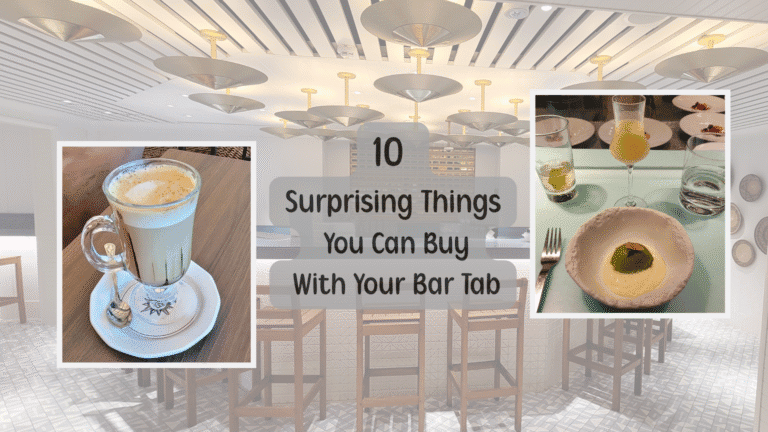 Latte and dessert onboard Virgin Voyages, featured in guide to surprising things you can buy with your Bar Tab.