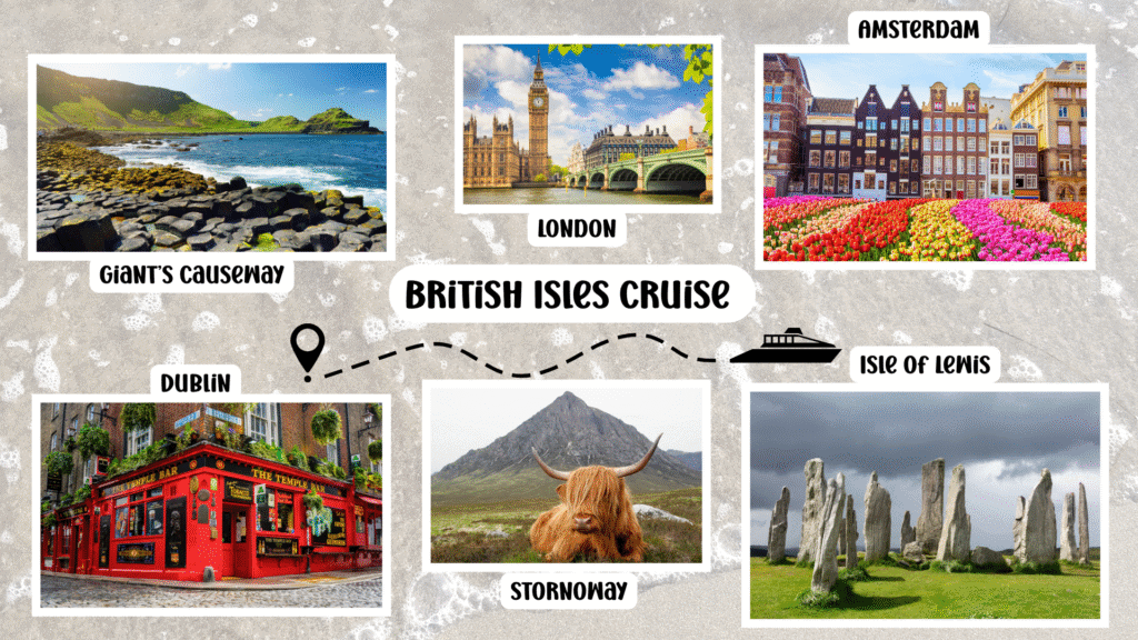 AI Pictures of cities on a british isles cruise london, dublin, amsterdam, highland cow in stornoway, giant's causeway