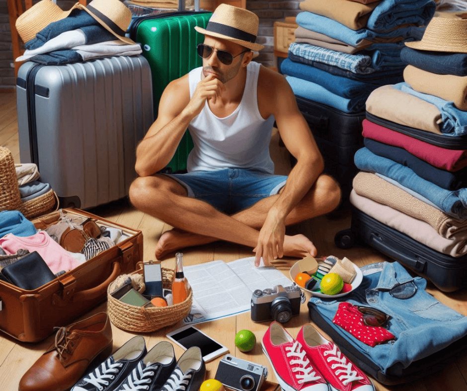 Humorous cruise prep image of an overpacker surrounded by piles of clothes, shoes, and luggage before a cruise