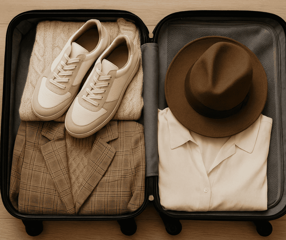Cruise prep suitcase with neatly packed men’s travel clothes, sneakers, and hat organized for a cruise vacation.