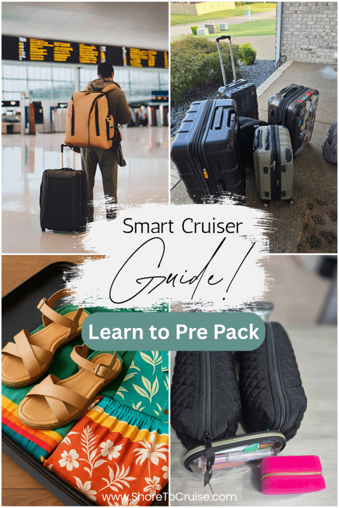 Cruise prep Pinterest pin with 4 images of luggage and a person at the airport