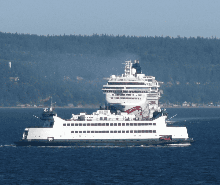 Large cruise ship anchored offshore with a tender boat in front, transporting passengers to port.
