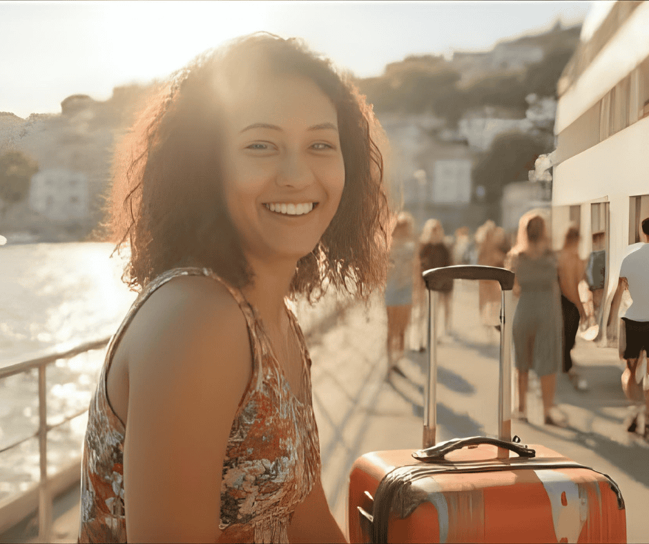 Smiling woman boarding a cruise ship with luggage, representing stress-free cruise prep and embarkation