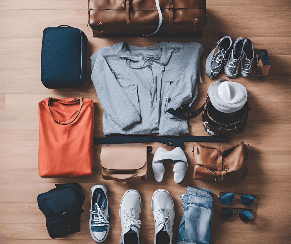 Cruise prep pre-pack pile with neatly folded clothes, shoes, and travel gear organized on a bed before packing for a cruise
